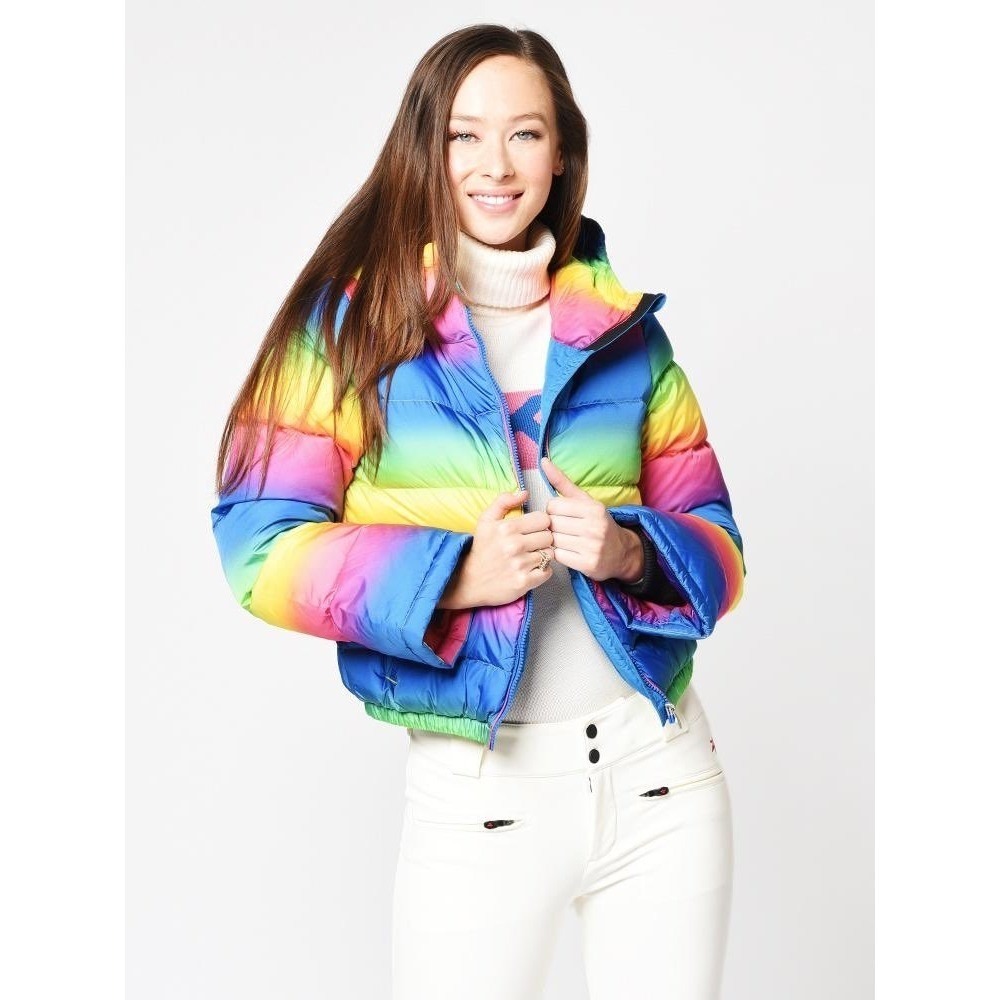 Perfect Moment Womens Polar Flare Rainbow Gradient Down Ski Puffer Jacket